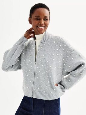 Women's Nine West Zip-Front Pearl Knit Bomber Sweater